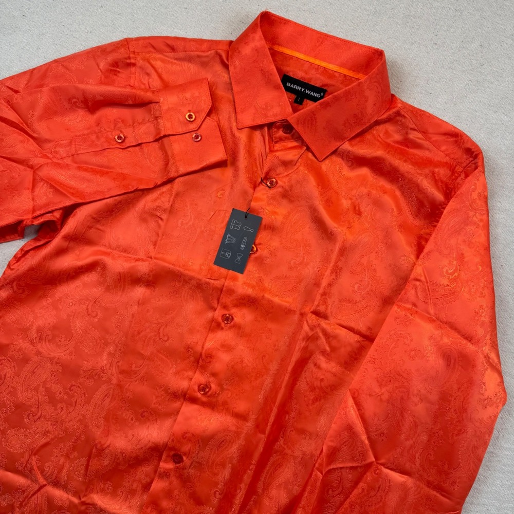 Barry.Wang Large Button Down Shirt Mens Orange Paisley Jacquard Satin L/S